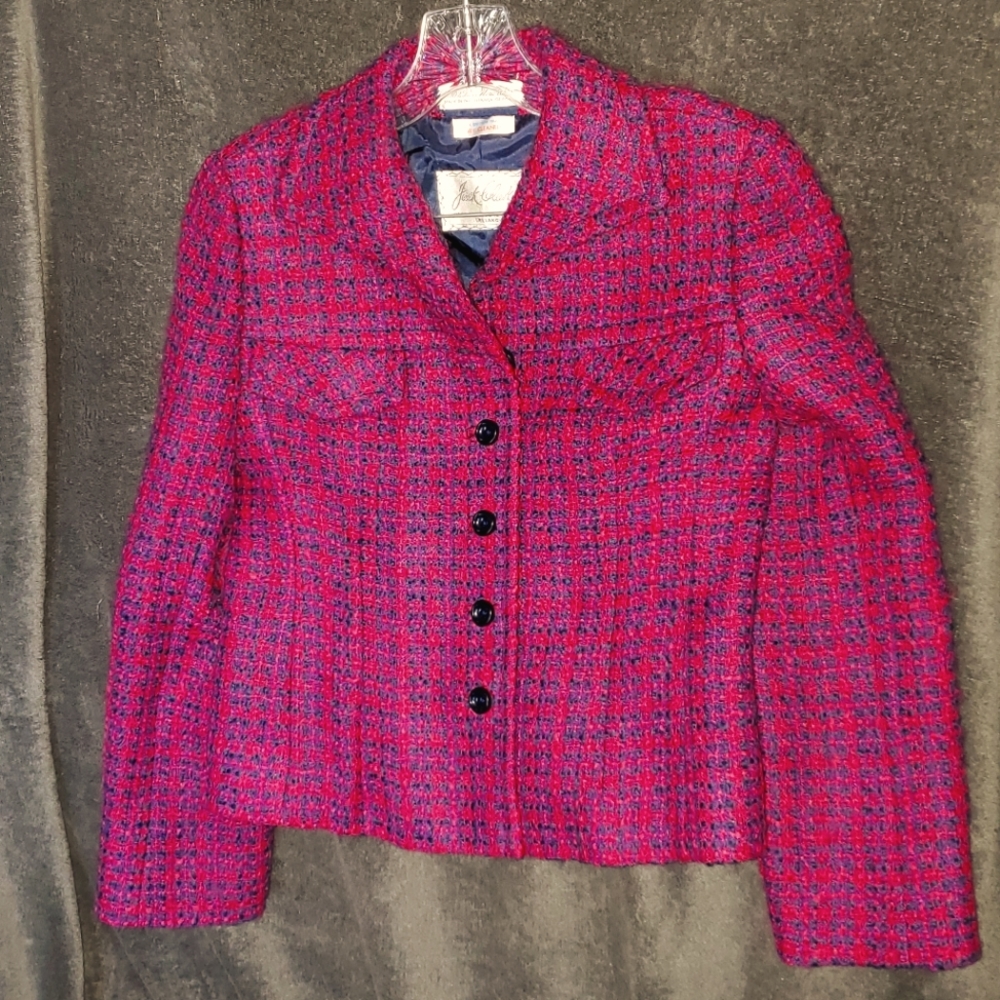 Vintage Jack Clarke Women's Blazer Red Blue Plaid Women's 6P Pure Virgin Wool